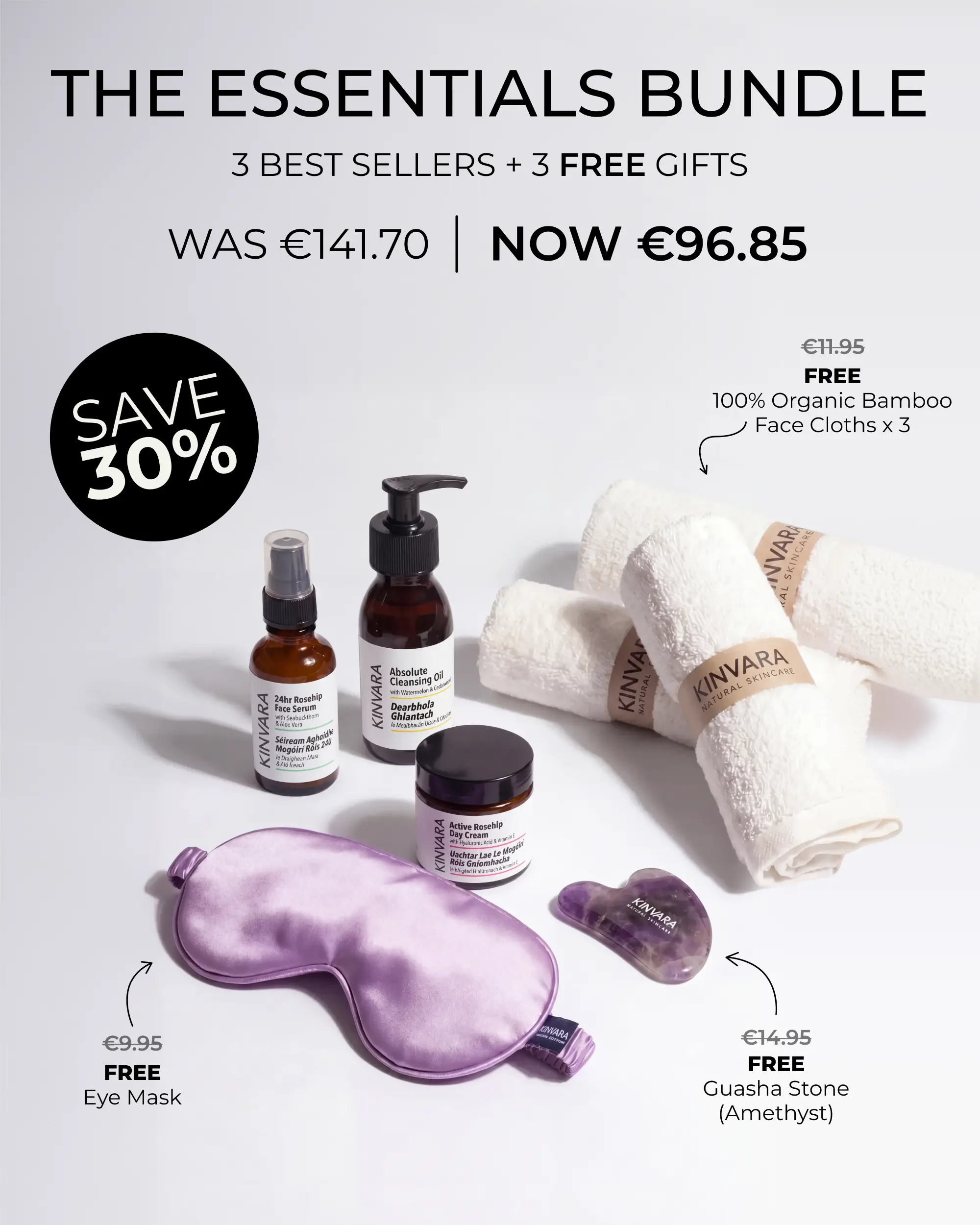 A promotional image for 'The Essentials Bundle' showing various Kinvara skincare products and accessories.