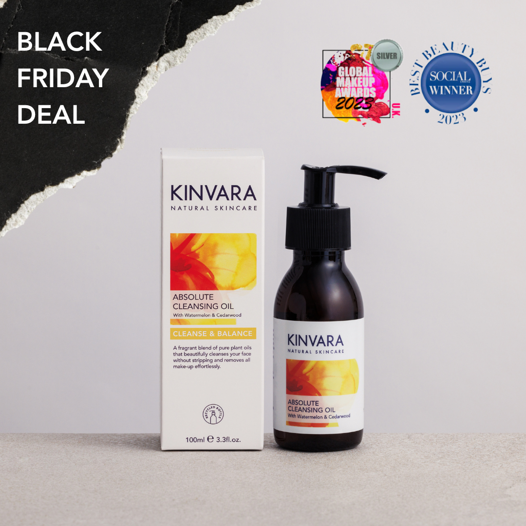 Kinvara Natural Skincare cleansing oil with packaging, Black Friday deal text, and award badges.