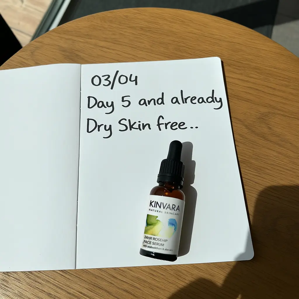 Notebook with text and a bottle of Kinvara face serum on a wooden table.