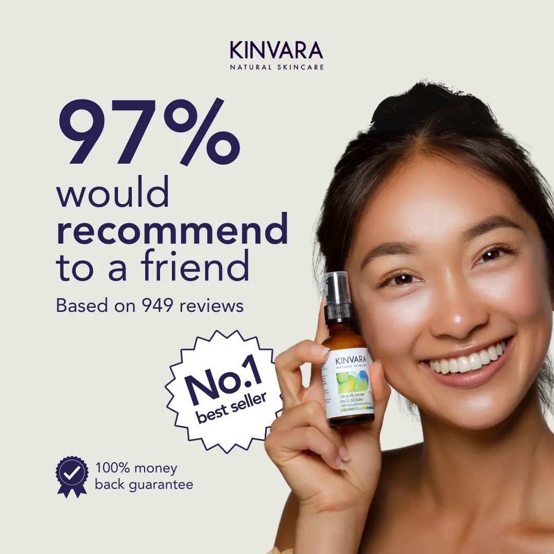 Smiling person holding a Kinvara skincare product with text about recommendations and reviews.