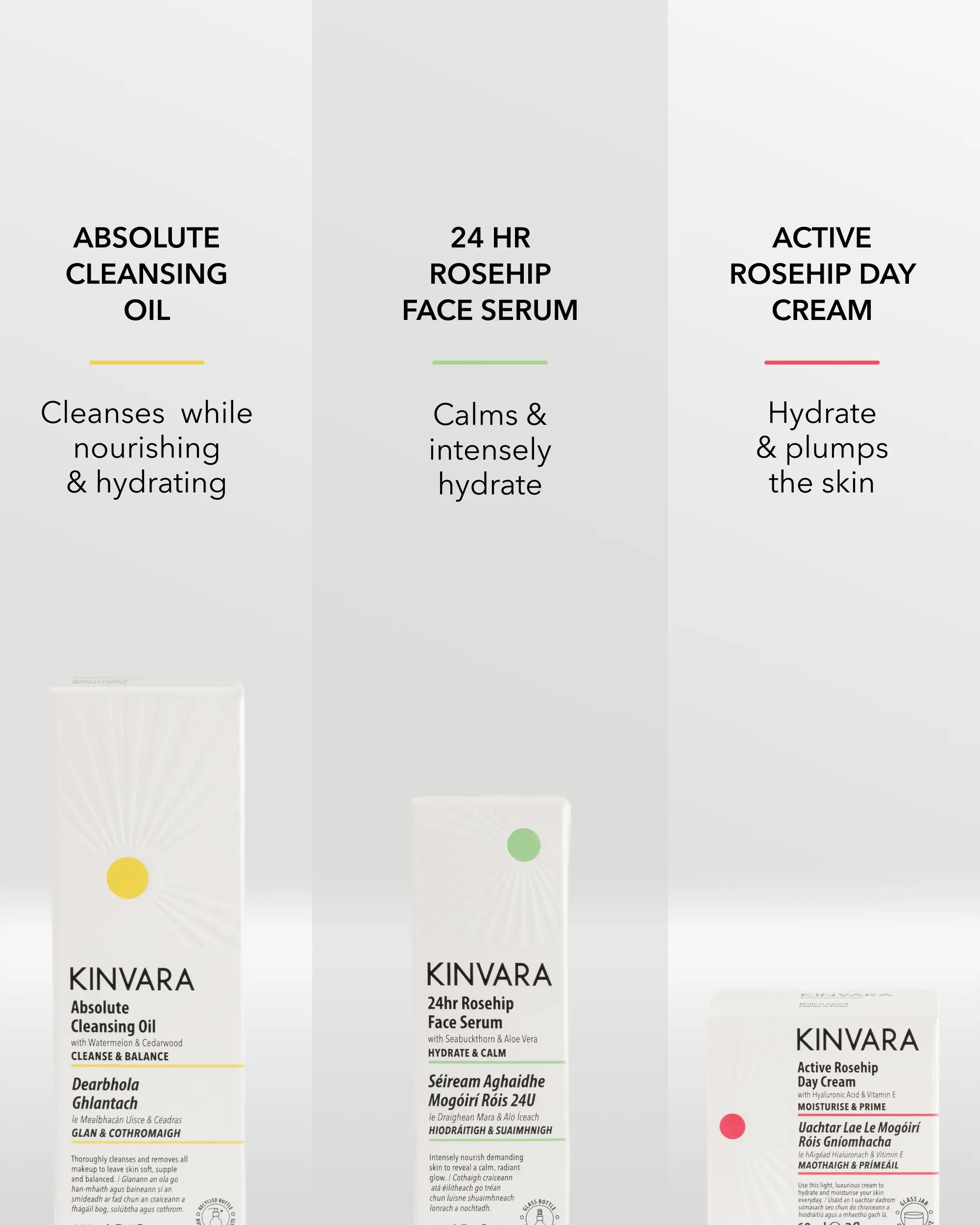 A lineup of three Kinvara skincare products: cleansing oil, face serum, and day cream, against a light background.