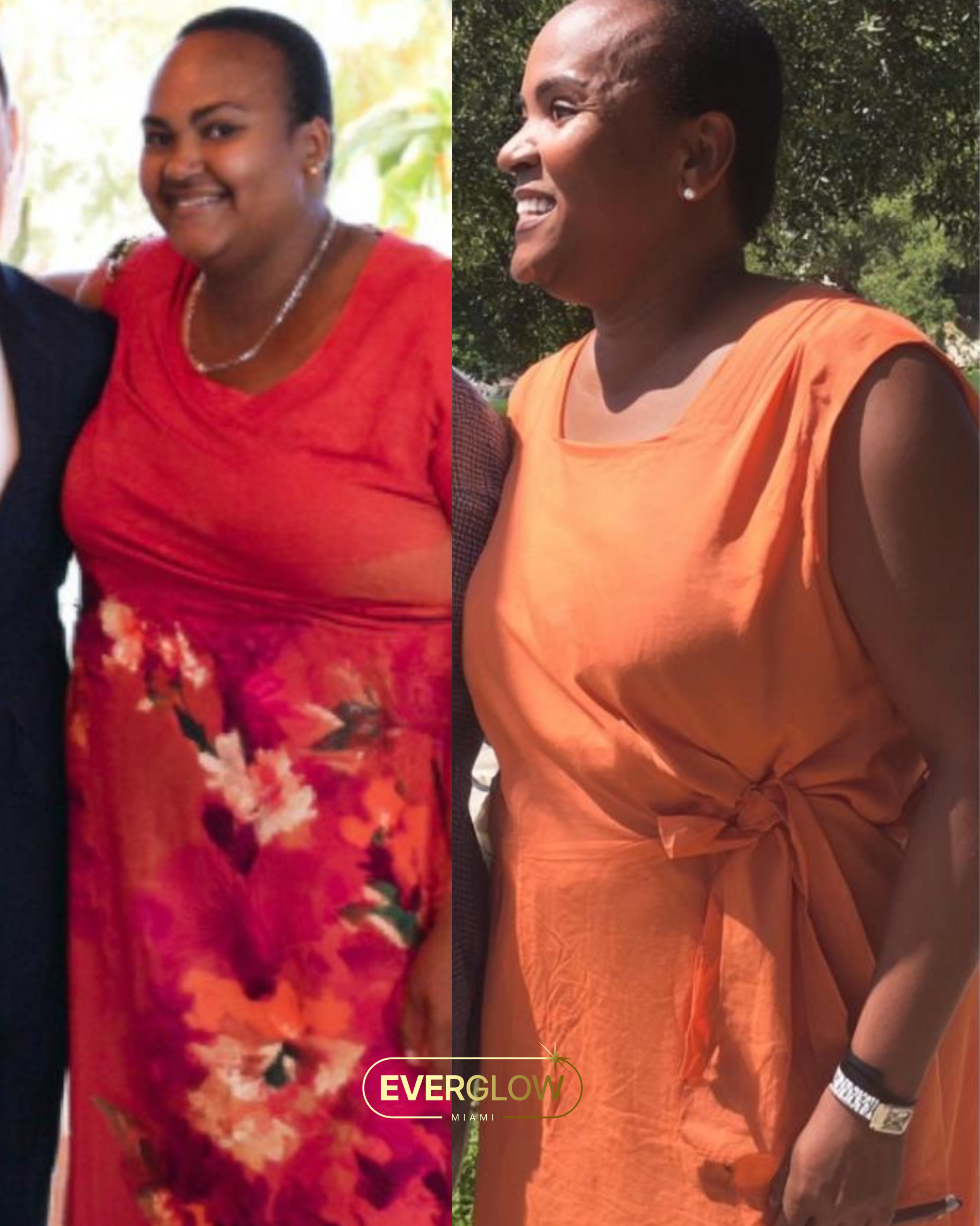 Two images of a smiling person in orange dresses, with floral and plain designs.