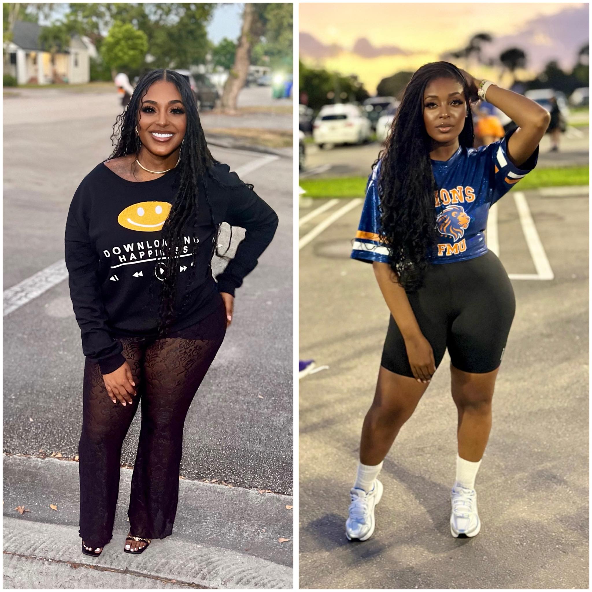 Two women posing outdoors, one in black outfit, the other in blue sports attire.