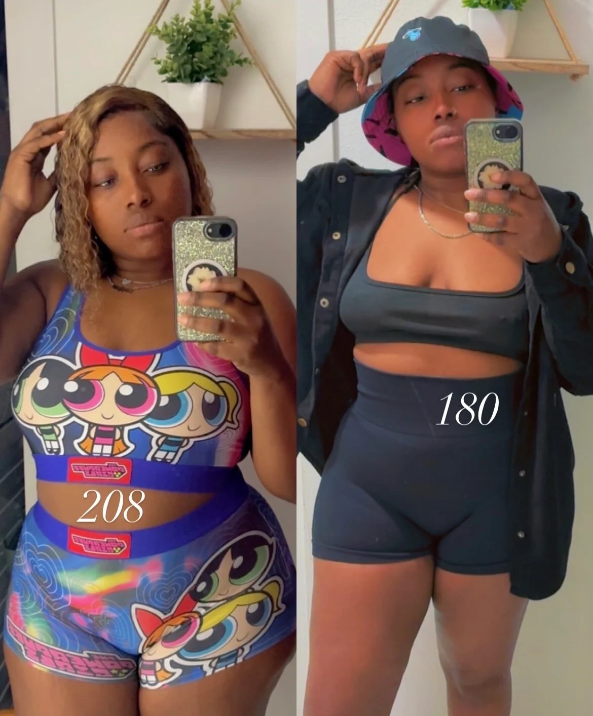 Two side-by-side mirror selfies of a person in different outfits.