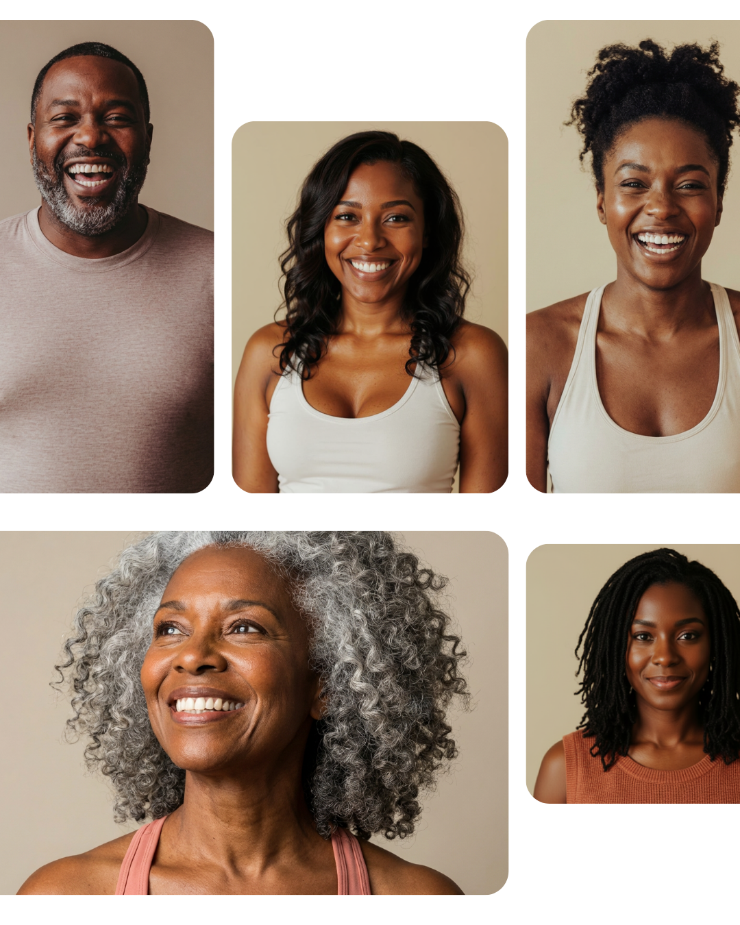 Five individuals smiling against a neutral background.
