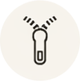 A line art icon of a zipper inside a light-colored circle.
