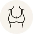 A line-drawing icon of a person's upper torso wearing a bra, inside a light-colored circle.