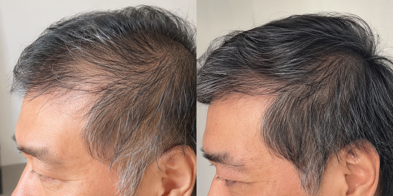 A before and after comparison of a man's hairline, showing hair becoming thicker and fuller.