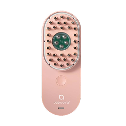A pink handheld electronic brush with black bristles and a central green light on a white background.
