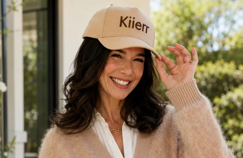 A smiling woman with dark hair adjusts her tan baseball cap that reads 'Kiierr'.