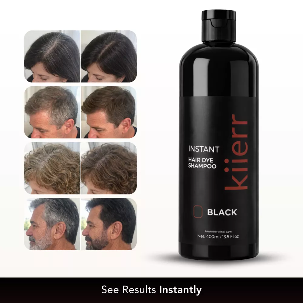 A bottle of Kiierr Instant Hair Dye Shampoo next to before-and-after photos showing gray hair dyed black.