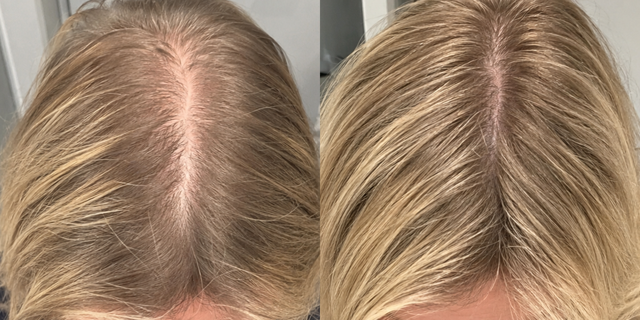 A before-and-after image showing a woman's hair part appearing fuller and thicker.