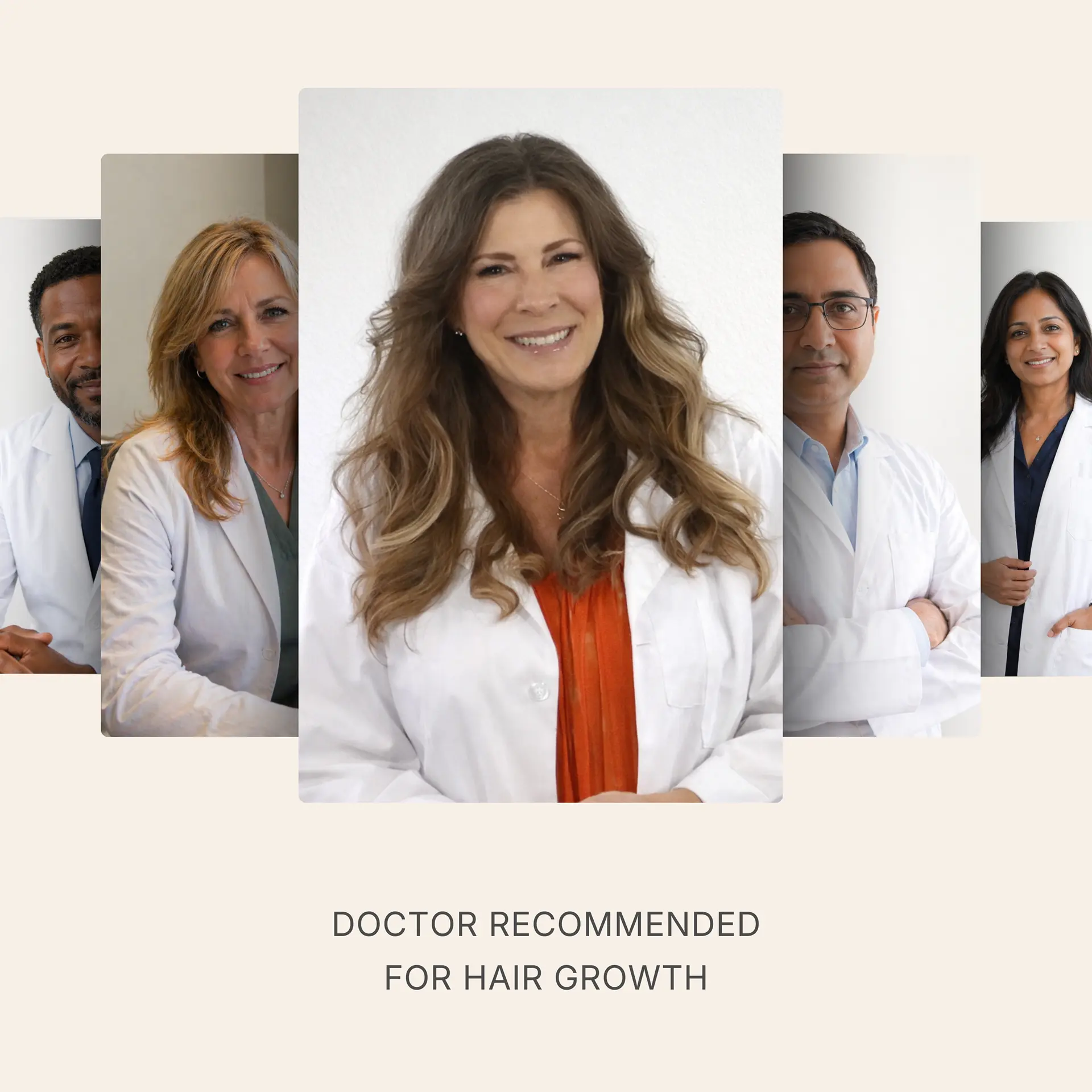 A collage of five diverse doctors in white coats with the text 'Doctor Recommended For Hair Growth' below.