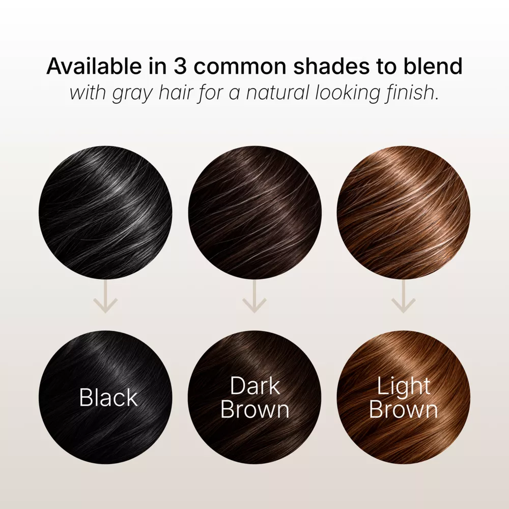 A chart showing hair dye results for gray hair in three shades: black, dark brown, and light brown.