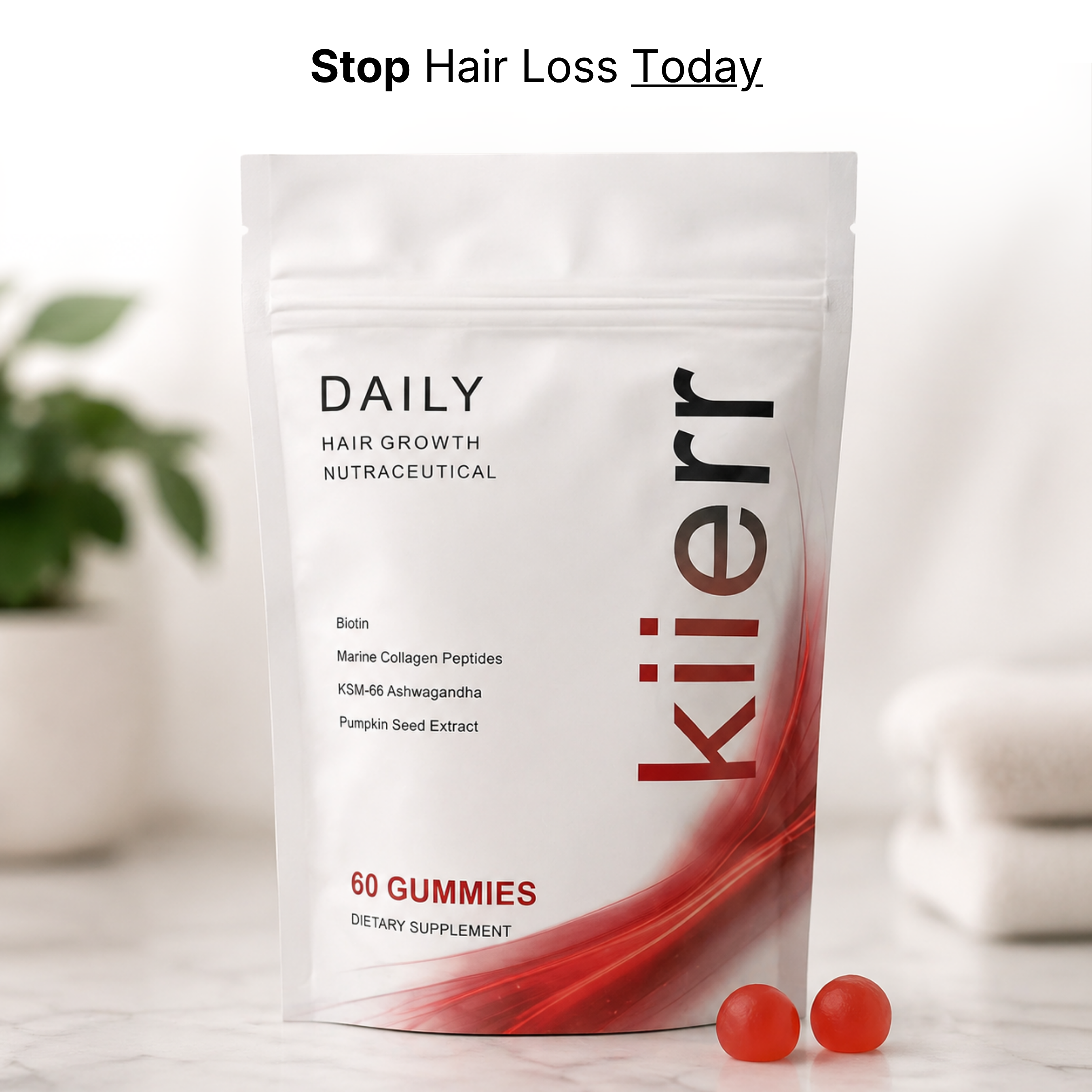 A white pouch of Kiierr Daily Hair Growth Nutraceutical gummies with two red gummies in front of it.