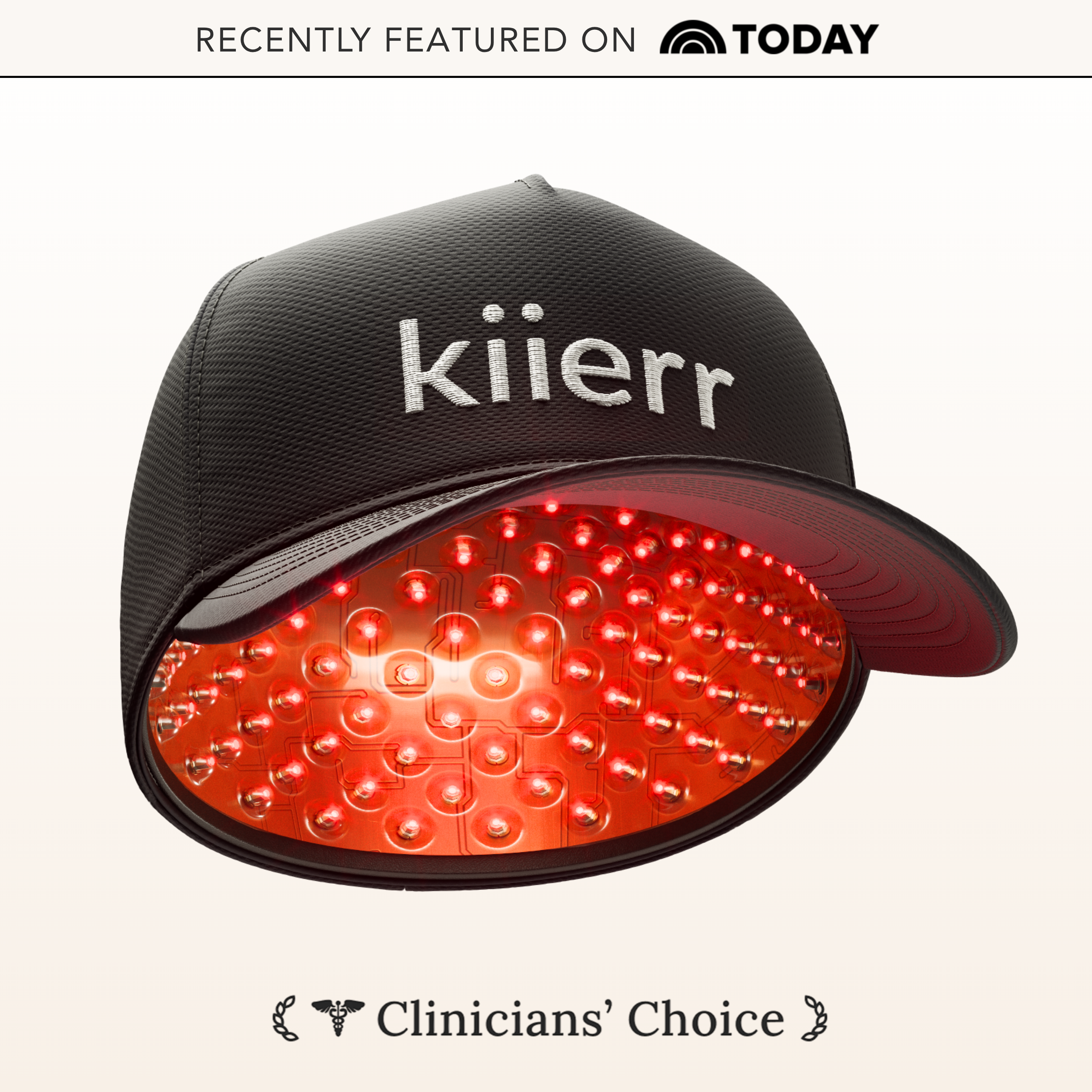 Black cap with 'kiierr' and red LED lights underneath.