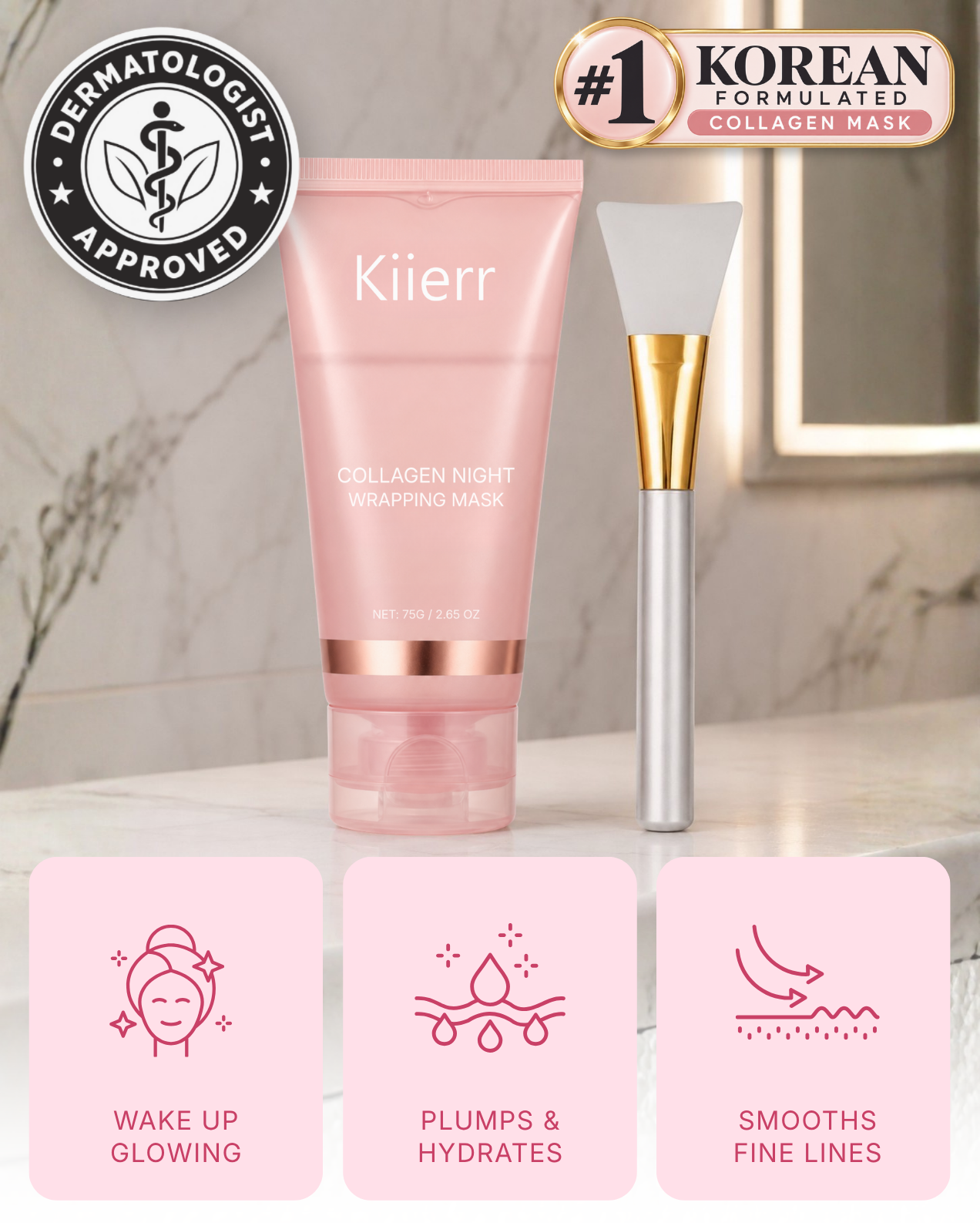 A pink tube of Kiierr Collagen Night Wrapping Mask with an applicator brush and icons showing its benefits.