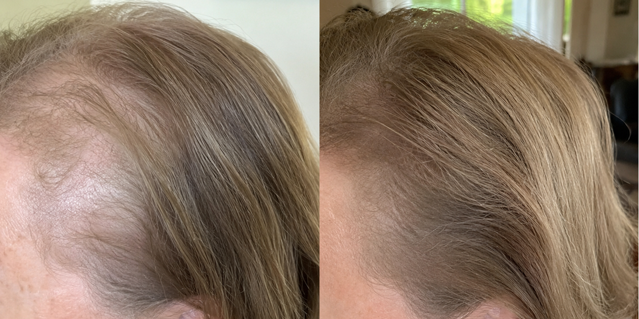 Close-up before and after photos of a woman's hairline, showing increased hair density and regrowth at the temple.