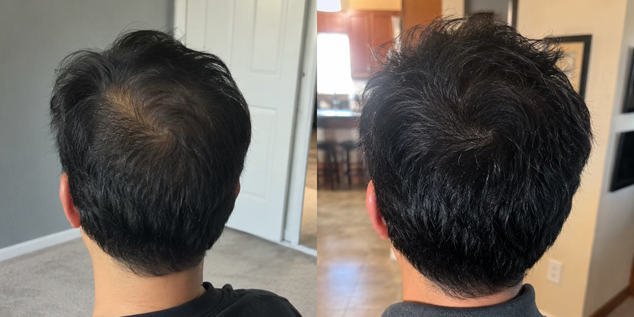 A before and after comparison showing hair regrowth on the crown of a man's head.