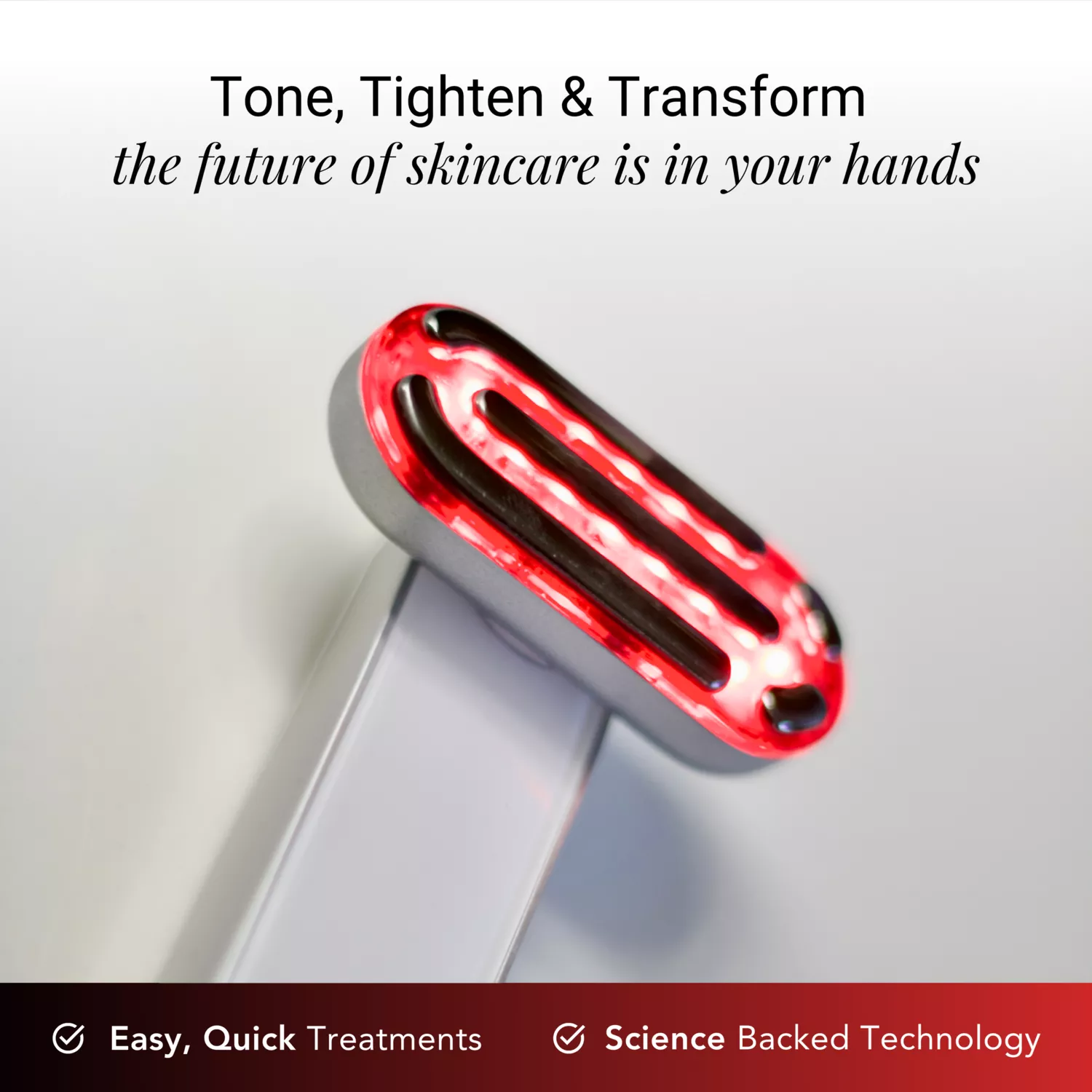 Skincare device with glowing red light and promotional text about its benefits.