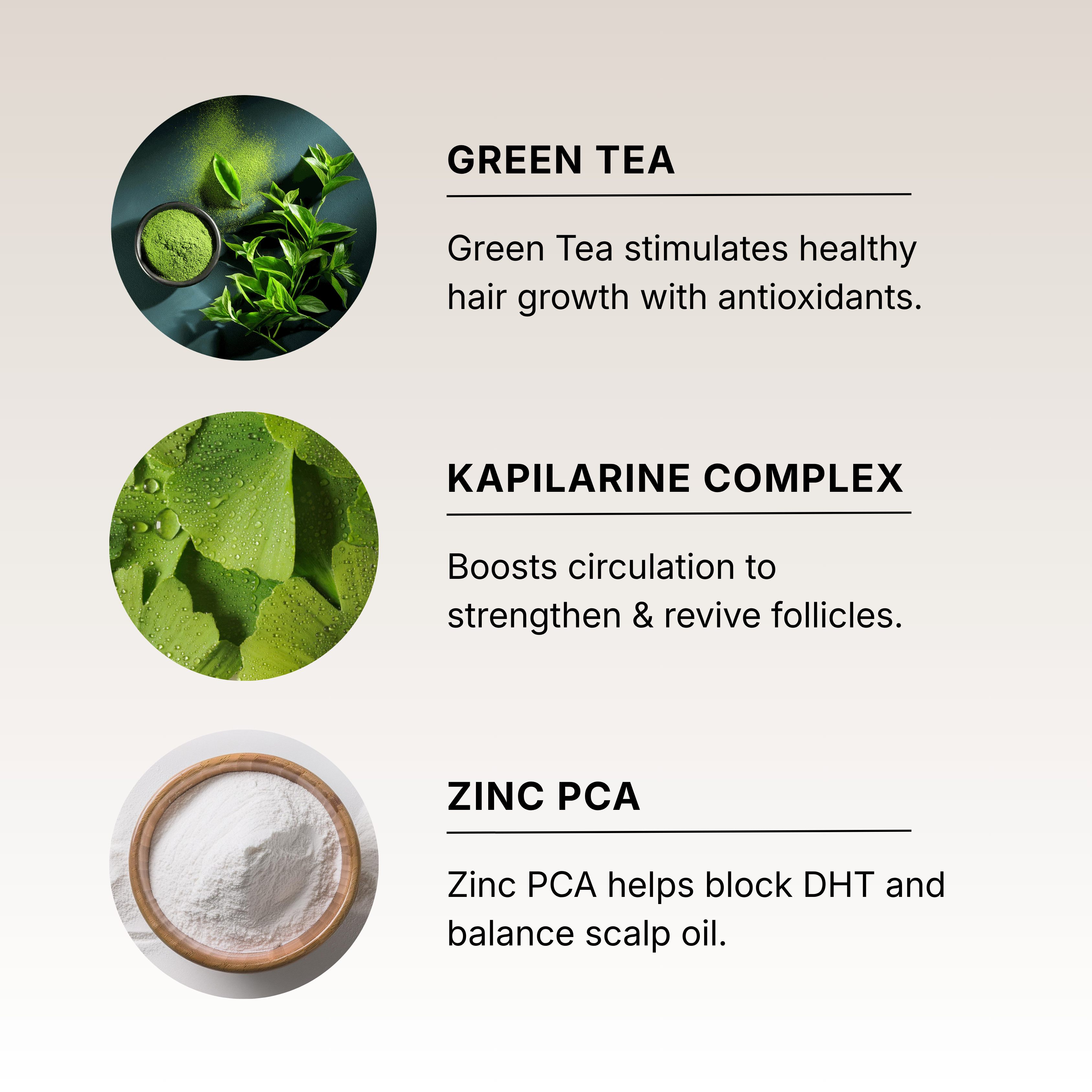 Three ingredients: green tea, kapilarine complex, zinc PCA with benefits for hair growth and scalp health.