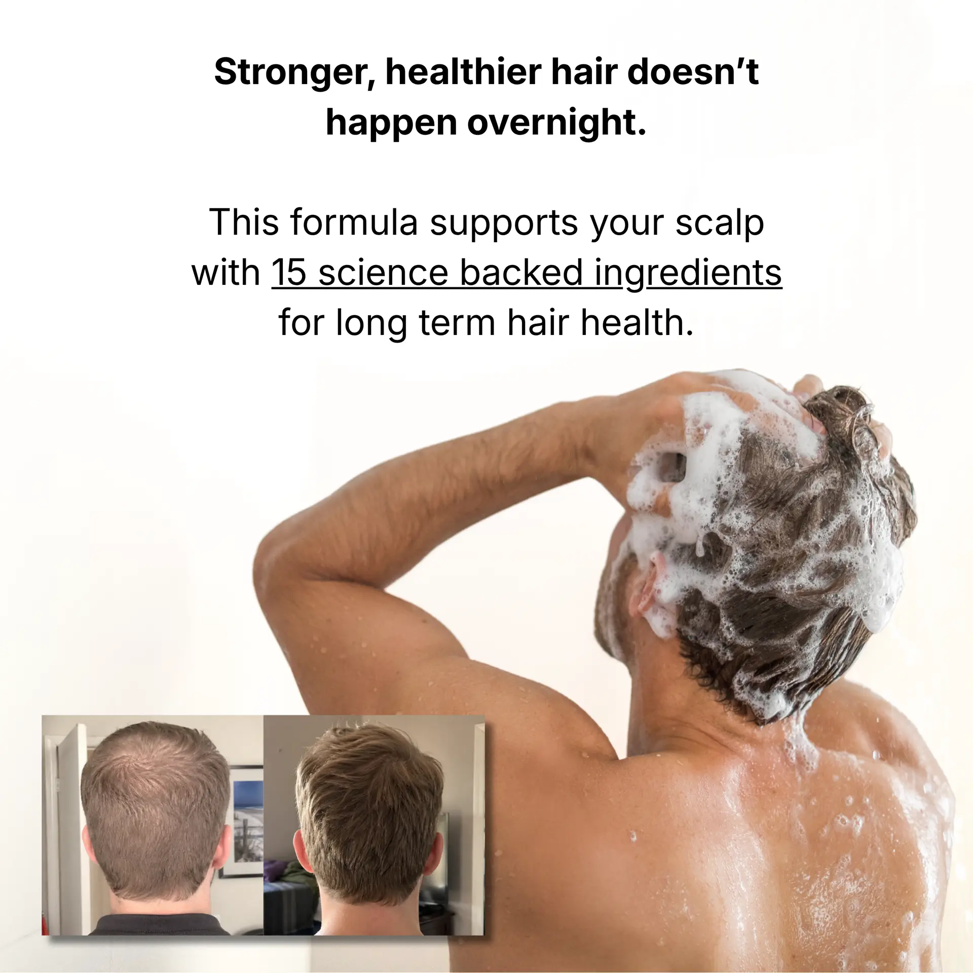 A man washing his hair, with before-and-after photos showing increased hair thickness in the corner.