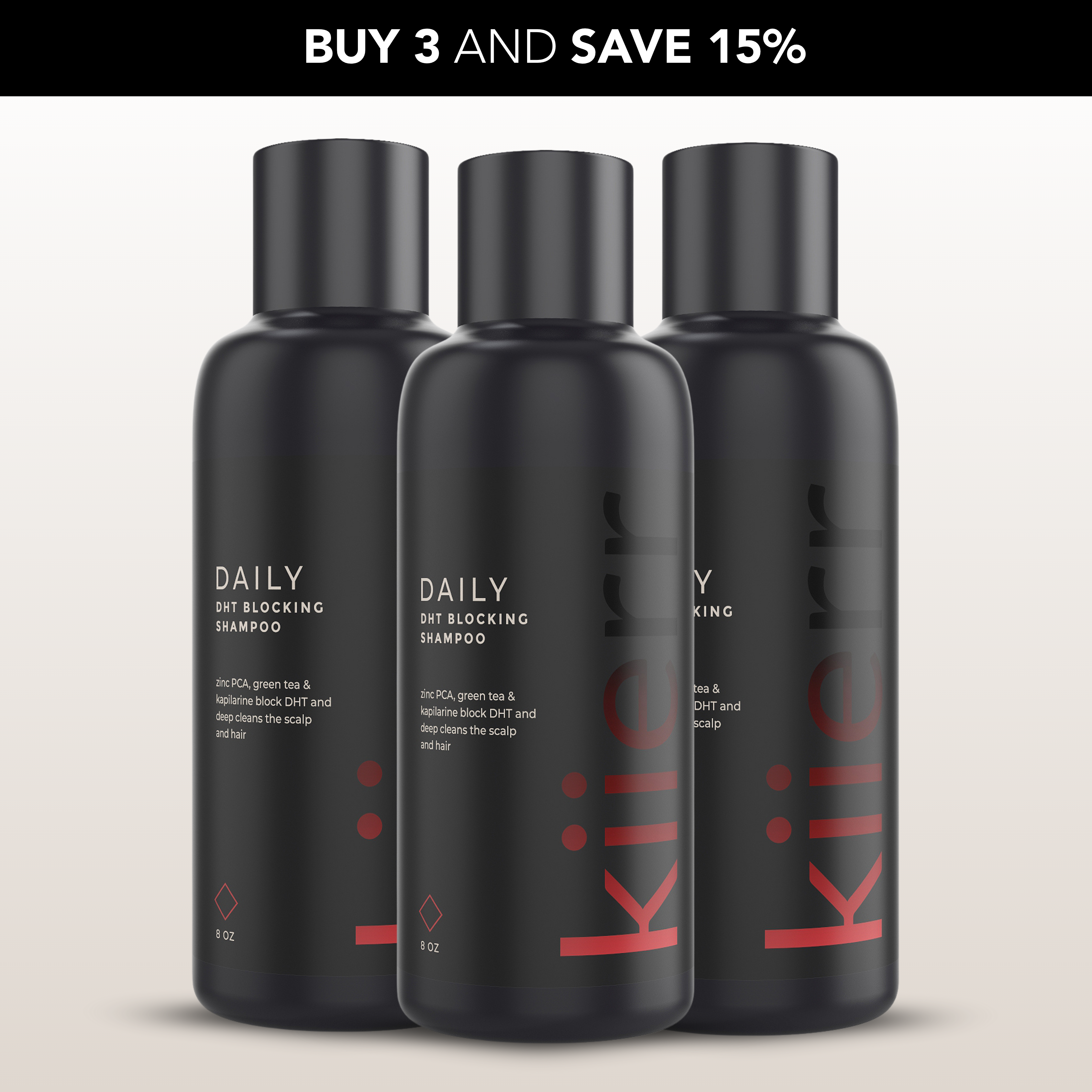 Three black bottles of daily DHT blocking shampoo with promotion text above.