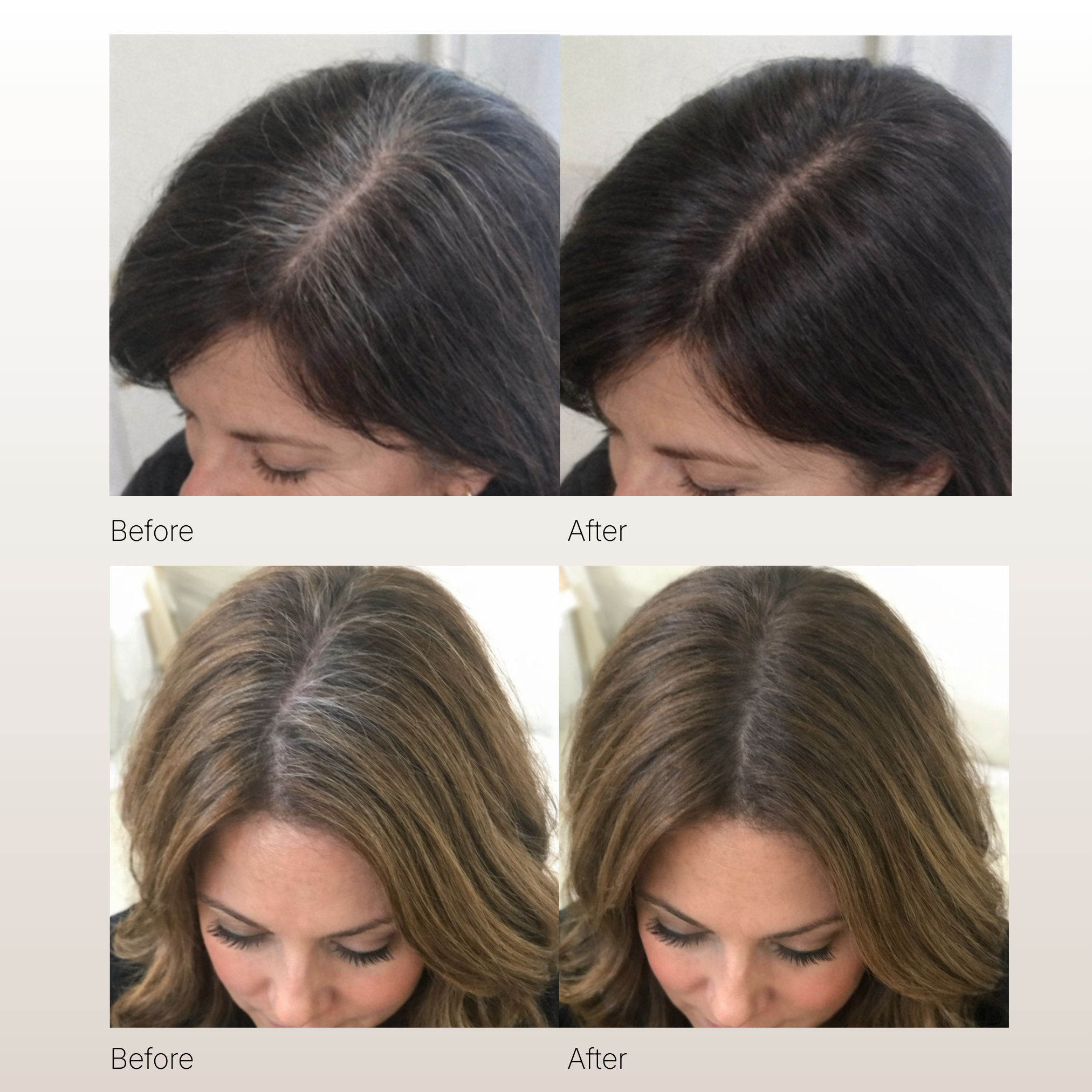 Before and after photos showing two women's gray roots before and after hair coloring treatment.