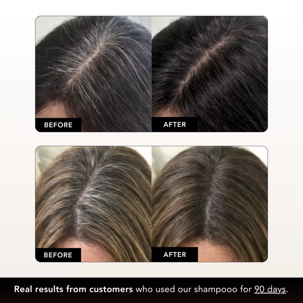 Before and after photos showing a reduction of grey hair at the roots on two different people.