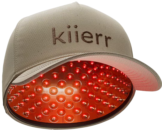 A beige cap with 'kiierr' logo, featuring red lights inside the brim.