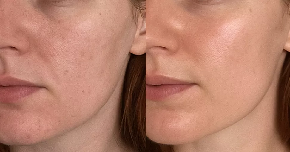 Side-by-side comparison of a woman's face showing skin texture differences.