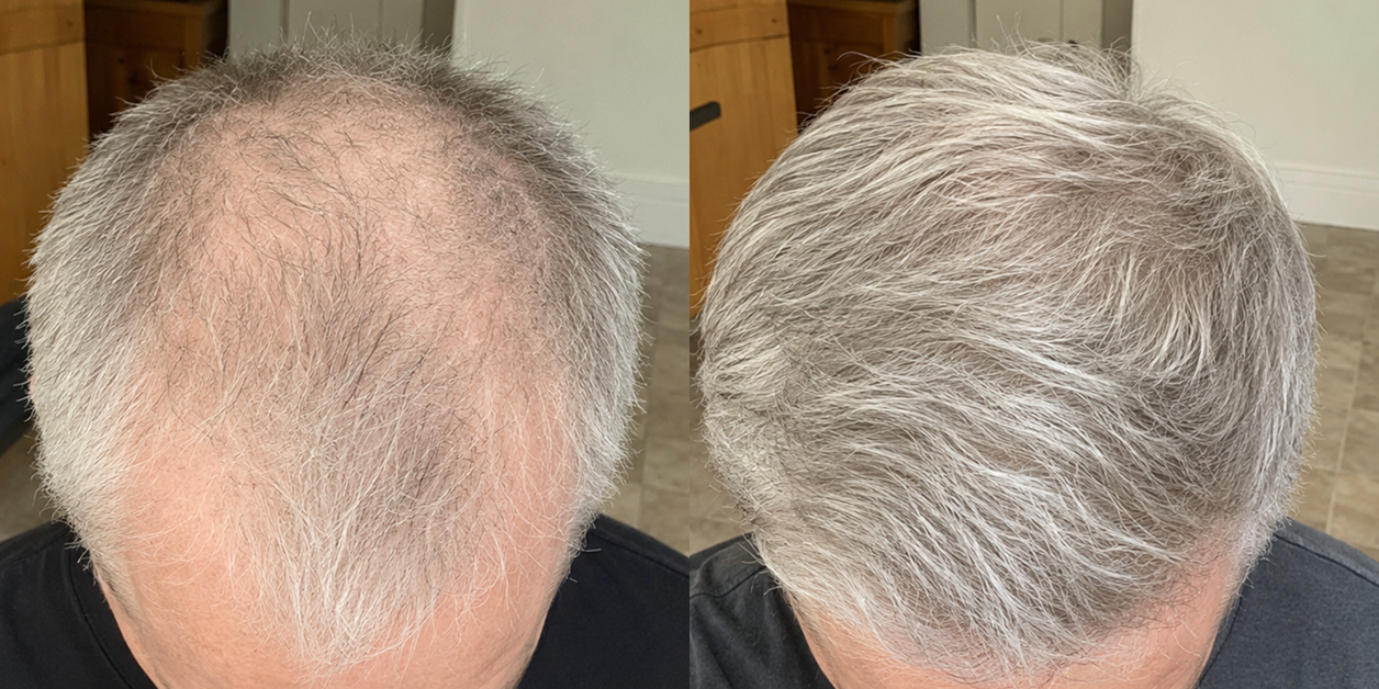A before and after comparison of a man's thinning grey hair, showing significant regrowth and thickness.