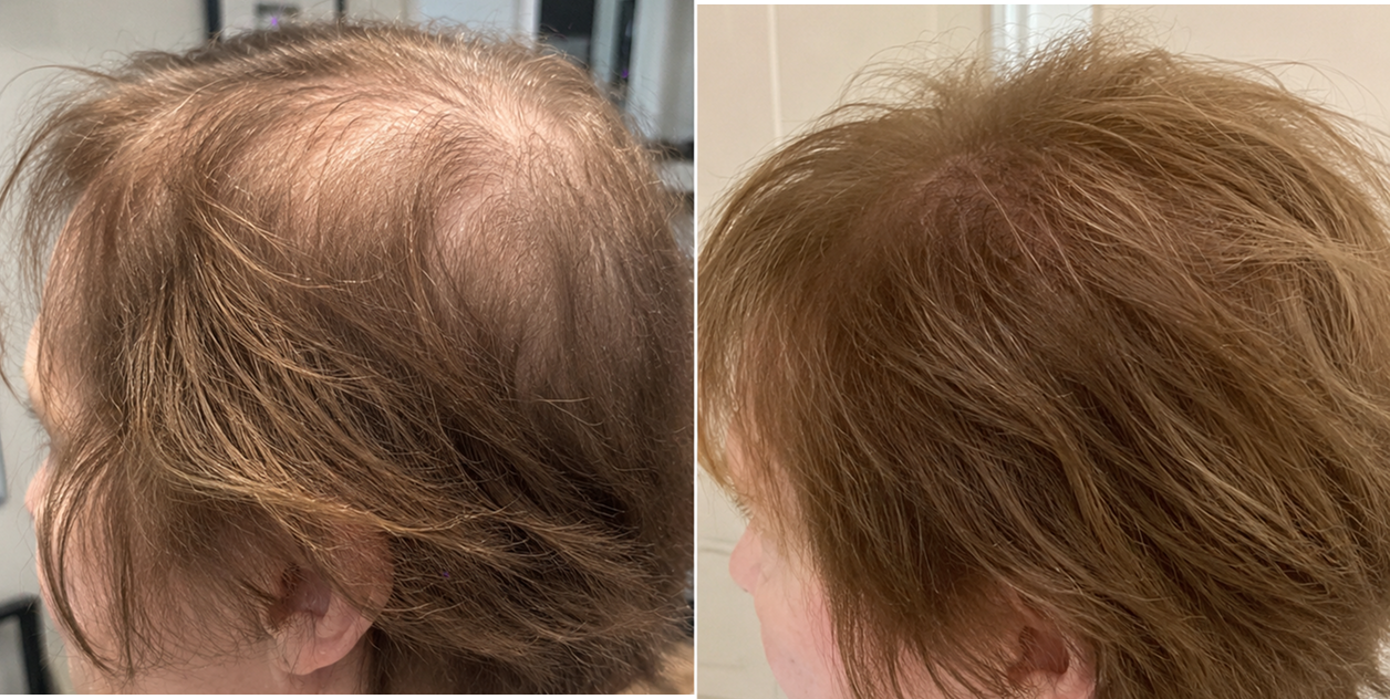 A before-and-after photo showing significant hair regrowth and thickness on the crown of a person's head.