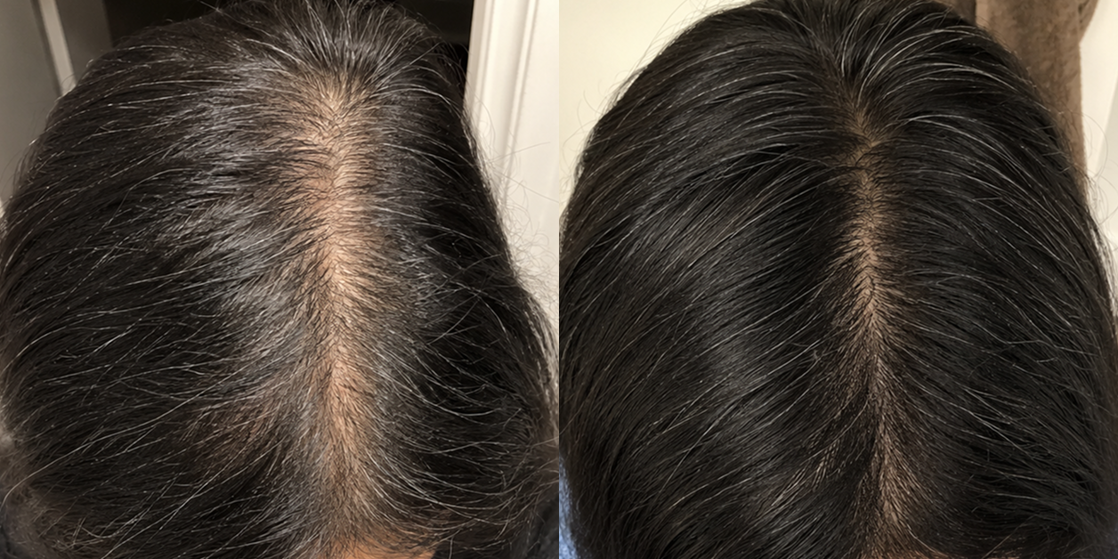A before-and-after comparison of a person's hair part, showing thicker, fuller hair on the right.