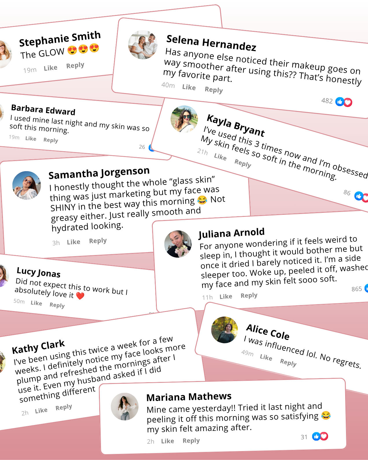 A collage of positive social media comments and reviews for a product on a pink background.