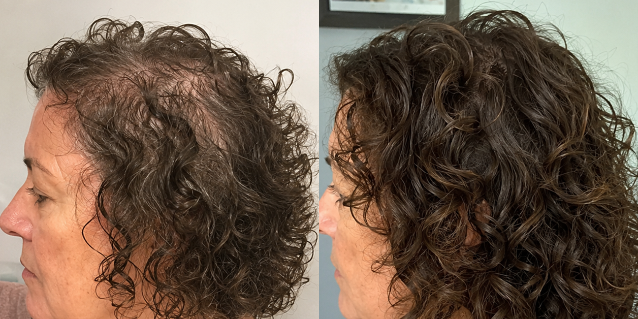 Before and after comparison of a woman's curly hair, showing increased fullness and less visible scalp.