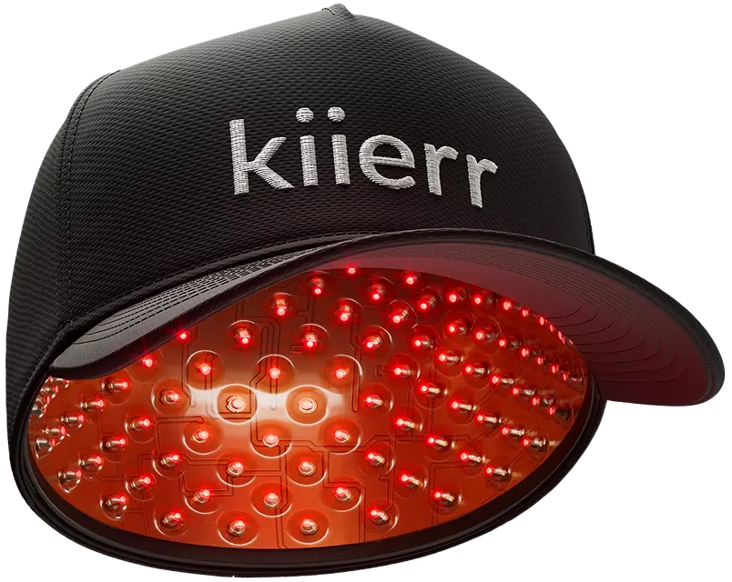 A black cap with 'kiierr' and red LED lights underneath the visor.