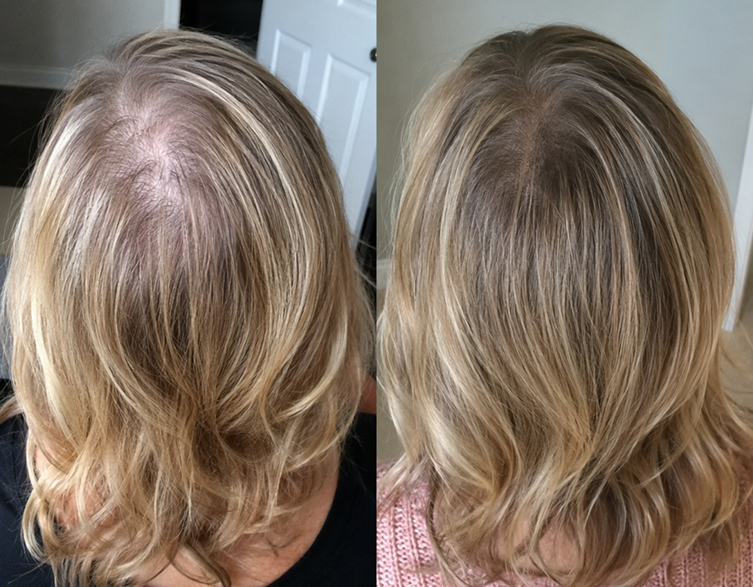 A side-by-side comparison of a woman's blonde hair from behind, showing less thinning on the right.