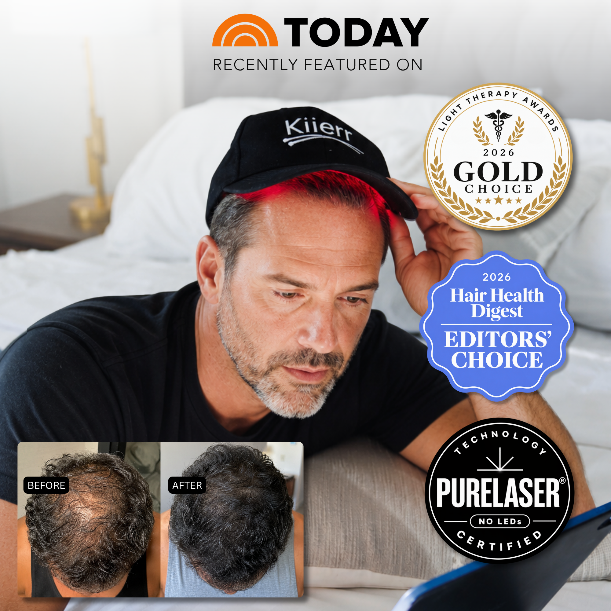 A man uses a Kiierr light therapy cap, with before and after photos showing hair growth results.