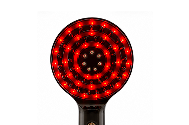 A handheld device with a circular head featuring concentric rings of glowing red lights on a white background.