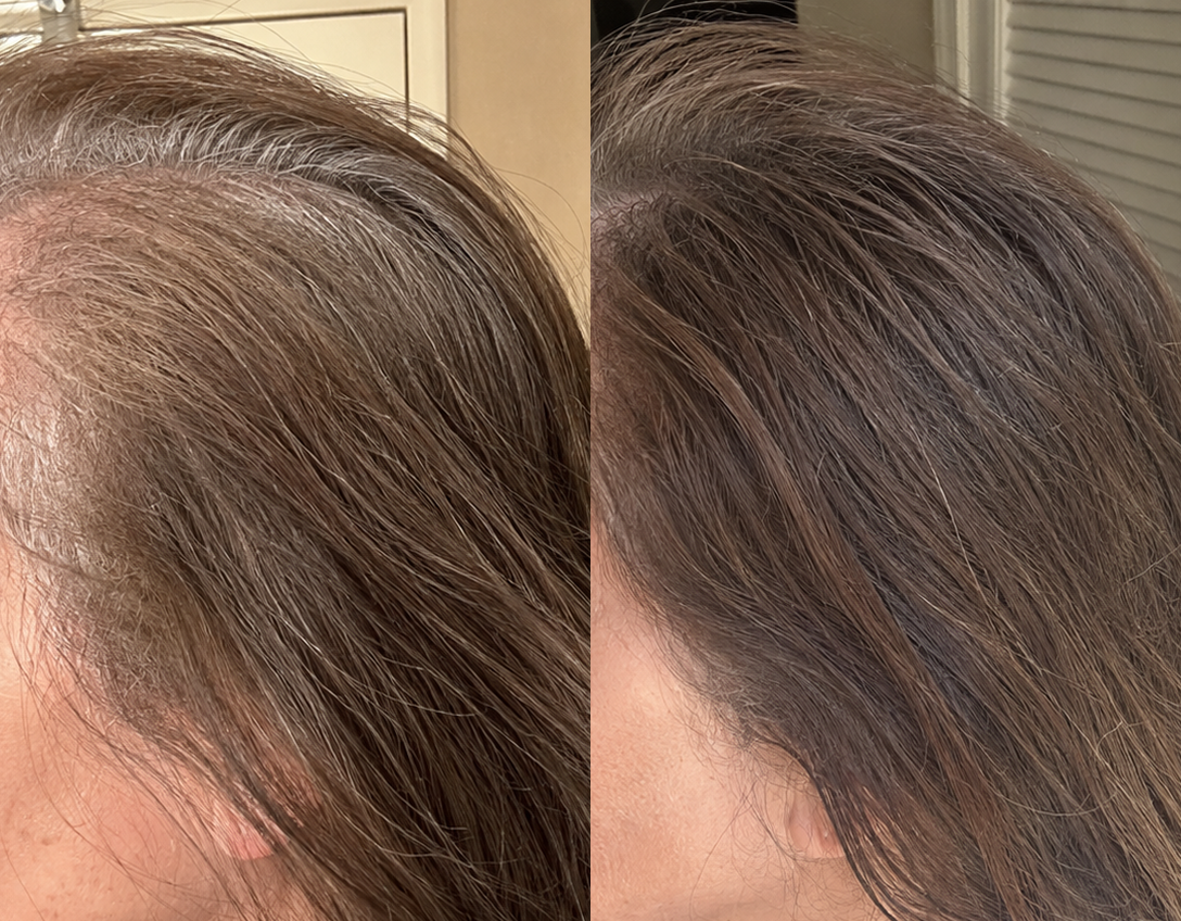 A before and after side-by-side comparison of a person's hair, showing gray roots being covered.