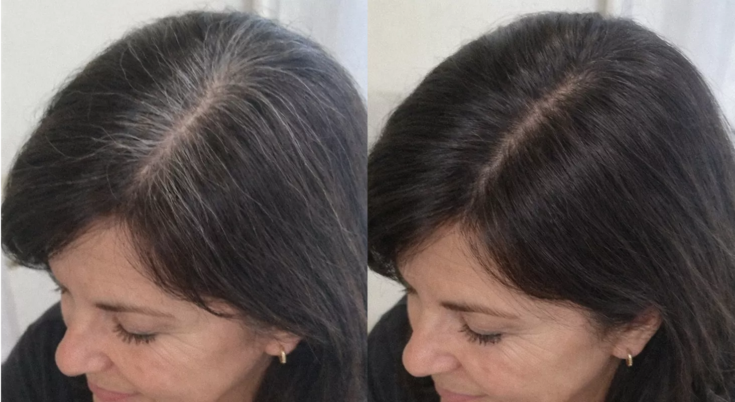 A before-and-after image showing a woman's gray hair roots on the left and uniformly dark hair on the right.