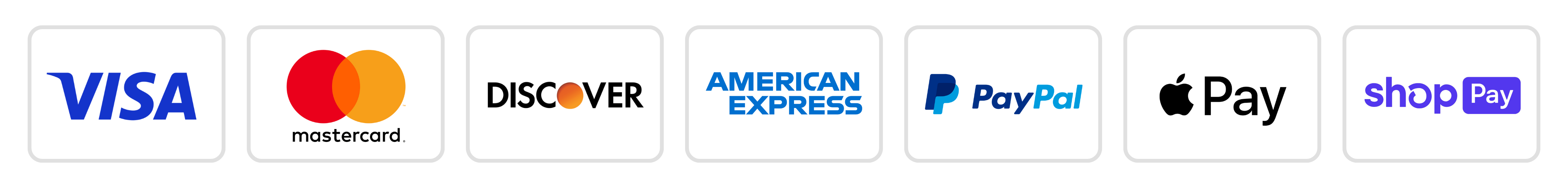 Logos of Visa, Mastercard, Discover, American Express, PayPal, Apple Pay, and Shop Pay.