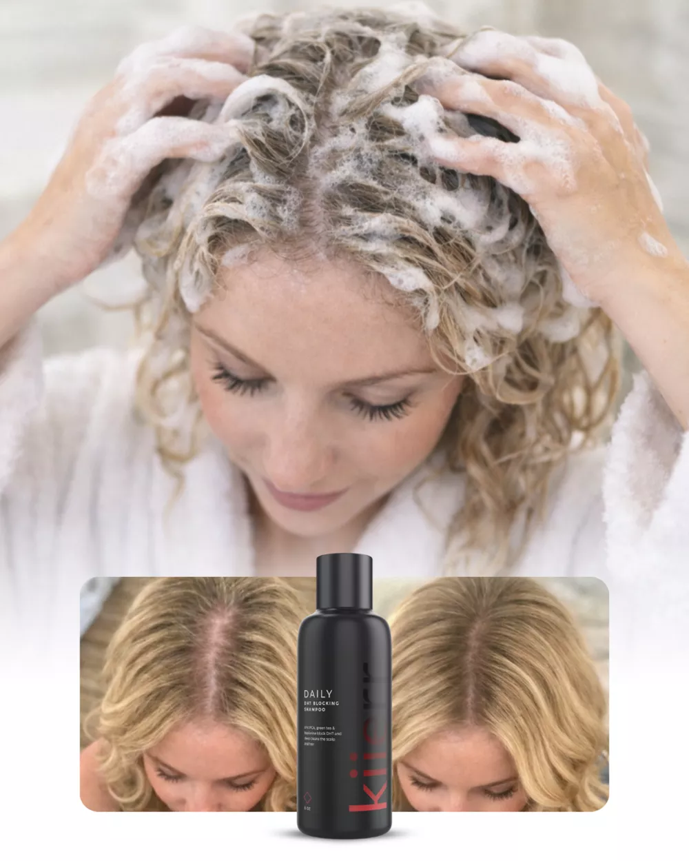 A woman washing her hair above an ad for KICK shampoo showing before and after hair results.