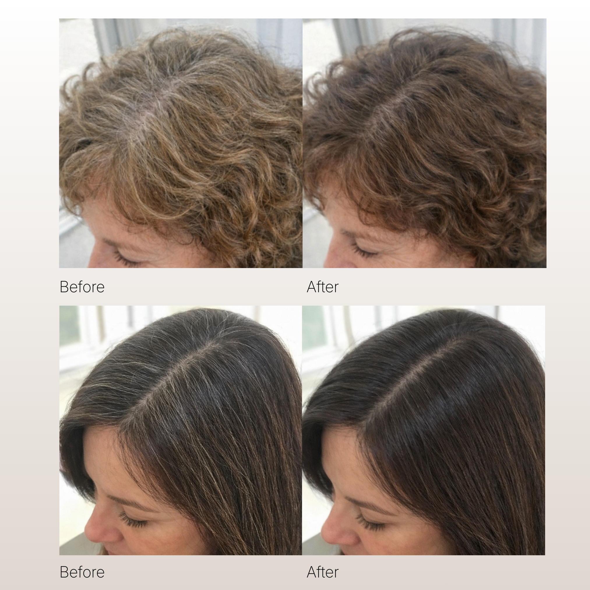 Before and after photos of two women showing gray hair being covered by hair dye.