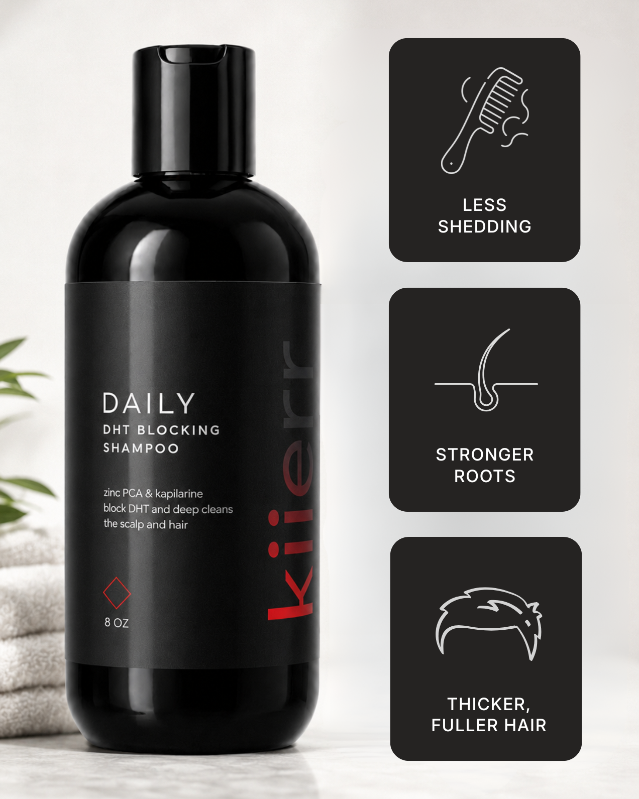 A black bottle of Kiierr DHT Blocking Shampoo next to icons illustrating its benefits for hair.