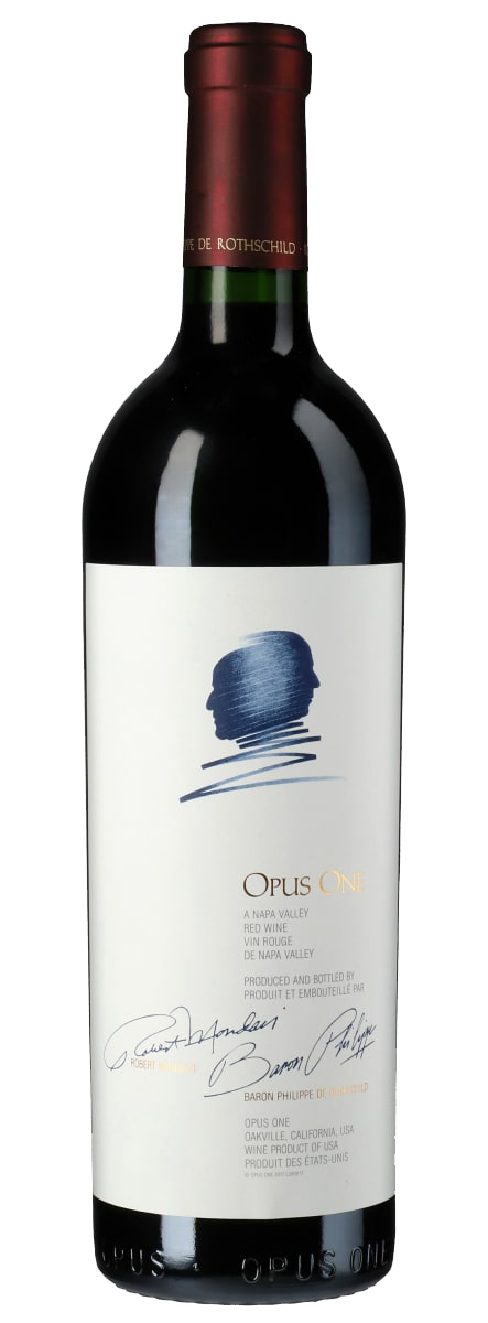 A bottle of Opus One red wine with a white label and blue logo.