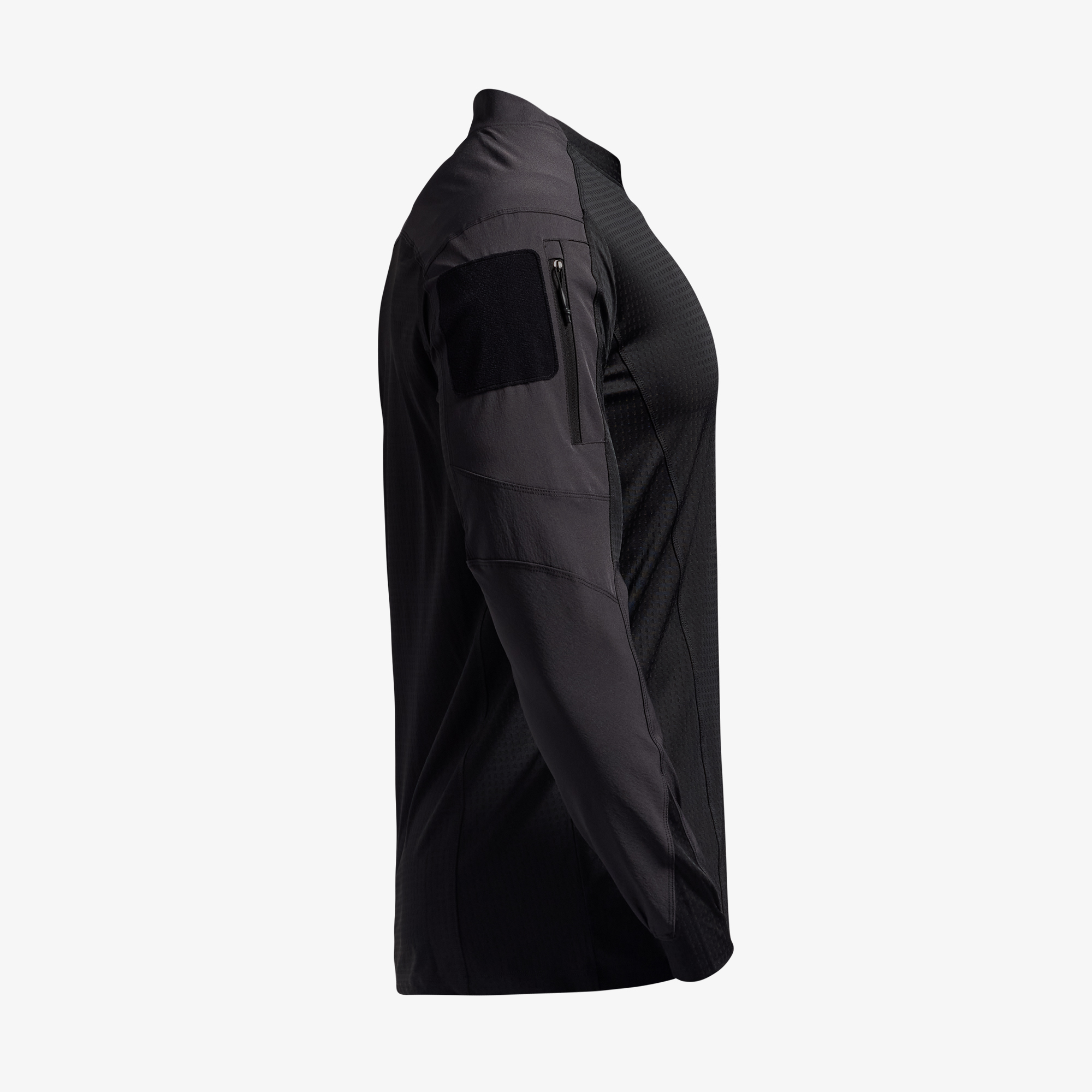 Side view of a black long-sleeve shirt with a pocket on the sleeve.