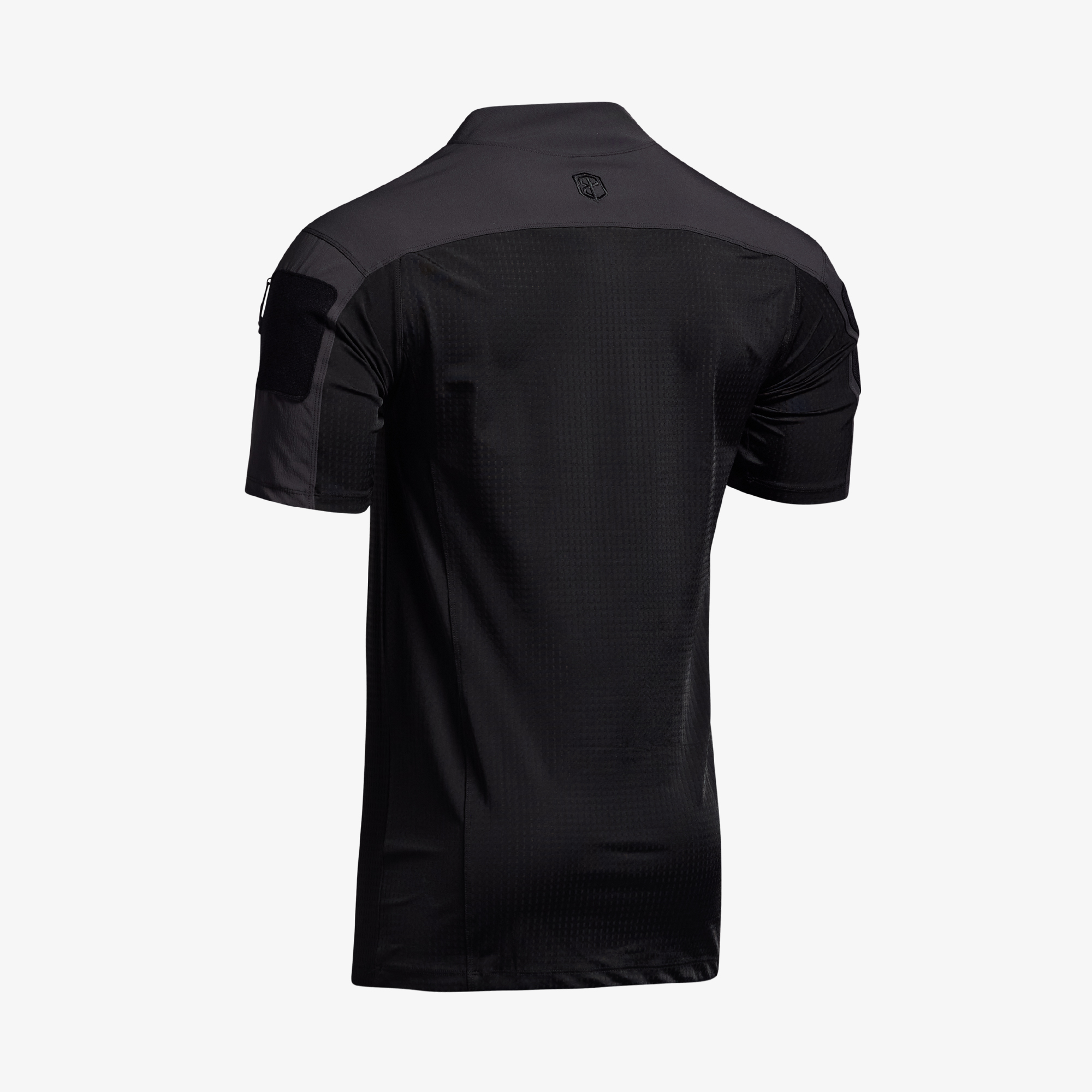 Back view of a black short-sleeve shirt with a collar.
