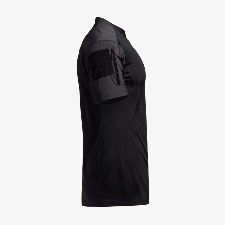 Side view of a black short-sleeve shirt with a pocket on the sleeve.